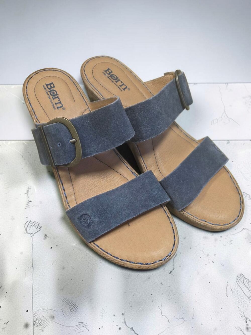 Born Womens Khela Blue Suede Leather Slide Sandals Buckle Comfort Size 8M